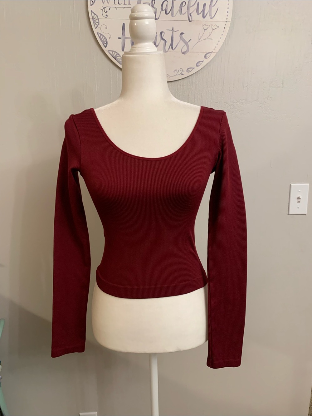 Wild Fable Burgundy Ribbed Scoop-Neck Long Sleeve Top